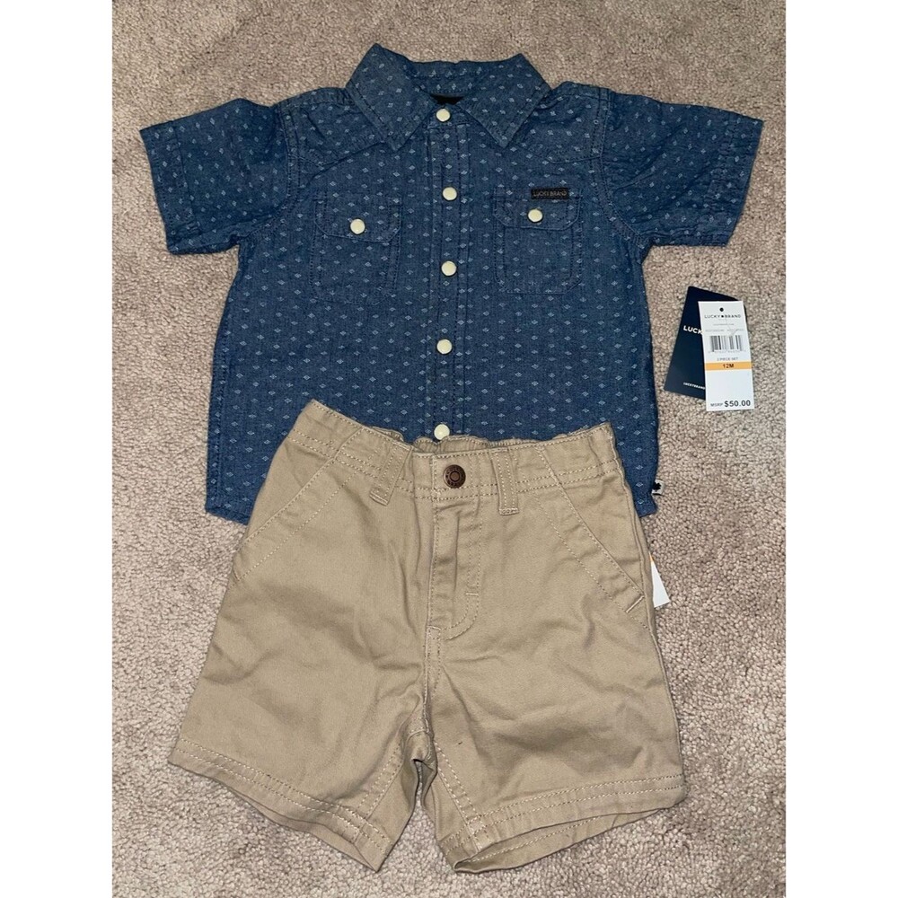 NWT Lucky Brand Navy Printed Short-Sleeve Shirt & Tan Shorts Set